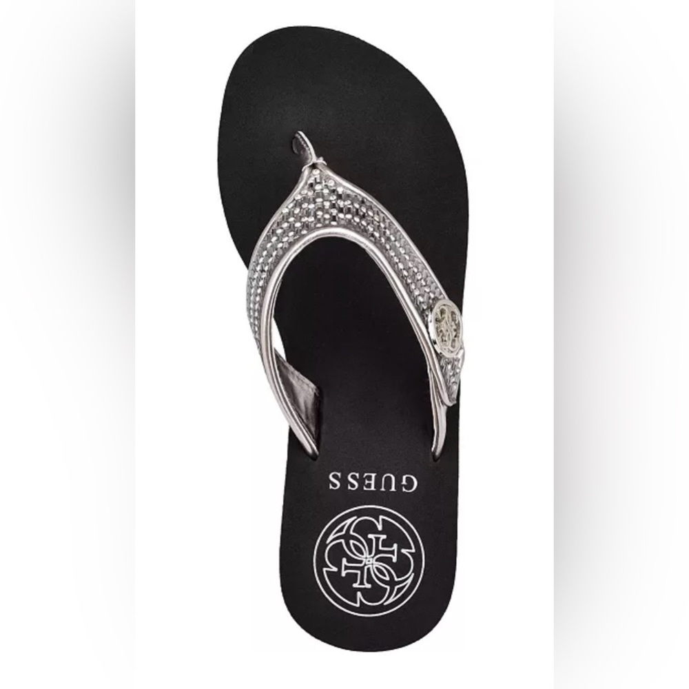 NEW in Box GUESS Women's Black and Silver Wedge Sandals Size 9 - Picture 4 of 9